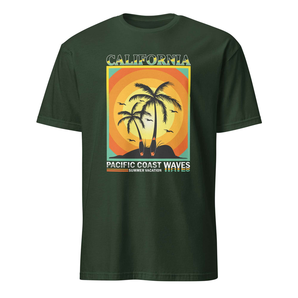 A dark green short-sleeve t-shirt with a retro-style graphic on the chest depicting two palm trees, surfboards, and a sunset over an island, with the text 'CALIFORNIA' and 'PACIFIC COAST WAVES'. Pacific Coast Sunset Wave Scene T-Shirt for California