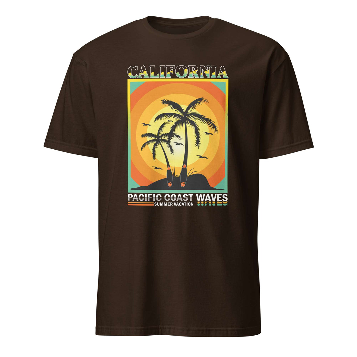 A dark brown short-sleeve t-shirt with a retro-style graphic on the chest depicting a sunset over a California beach with palm trees and surfboards, and the text 'CALIFORNIA PACIFIC COAST WAVES SUMMER SOLIDARITY'. Pacific Coast Waves at Sunset California T-Shirt
