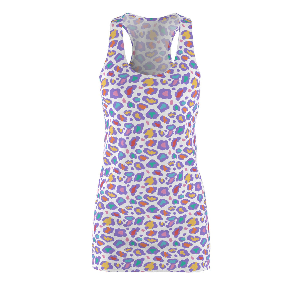 A sleeveless racerback tank top featuring a colorful leopard print pattern on a white base, displayed against a solid white background. Pastel Bold Rainbow Leopard Print Women's Racerback Dress for Casual Wear