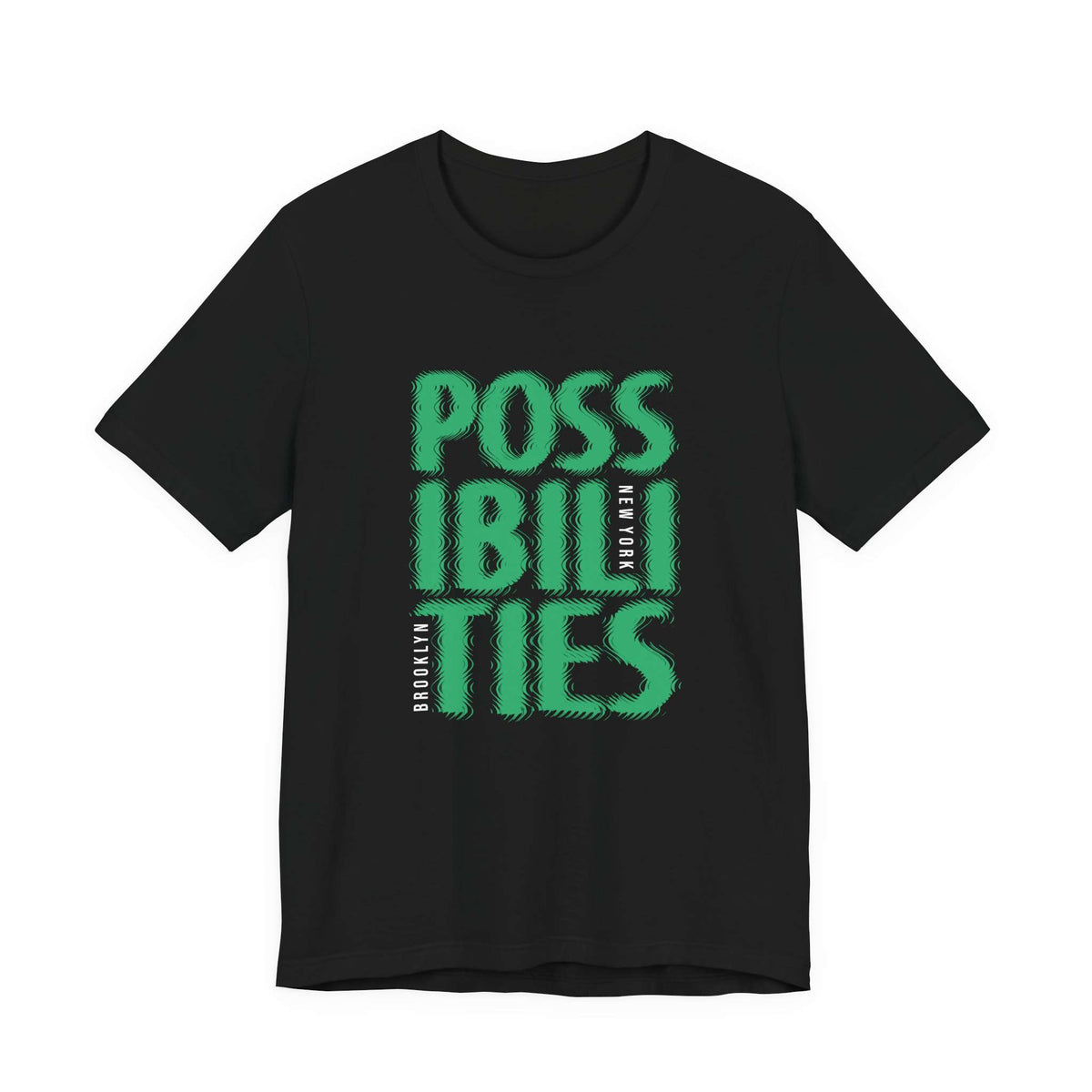 A black short-sleeve crewneck t-shirt featuring a bold green graphic print on the front that reads 'POSSIBILITIES' with 'BROOKLINE' and 'NEW YORK' printed vertically in white. Possibilities New York City Brooklyn T-Shirt Casual Wear