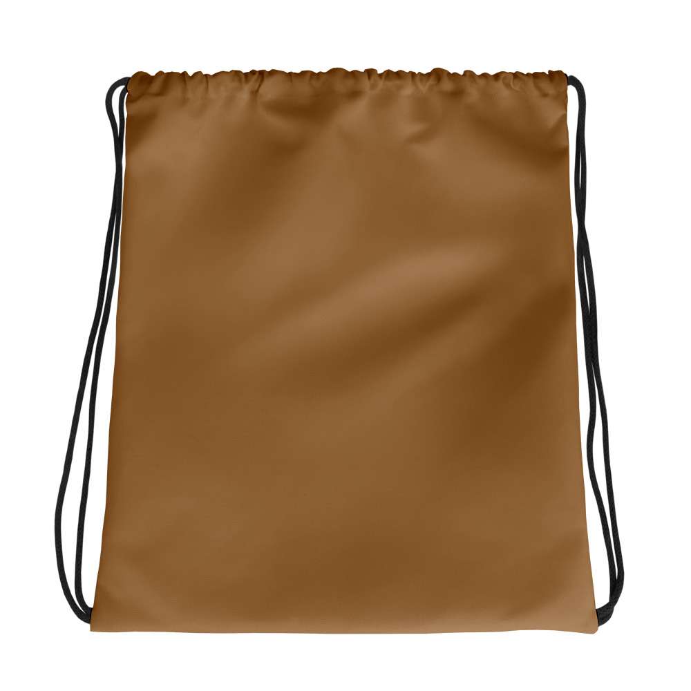 A plain brown drawstring backpack or gym sack with black cords, shown against a solid white background. Practical Bold Minimalist Solid Natural Wood Drawstring Bag