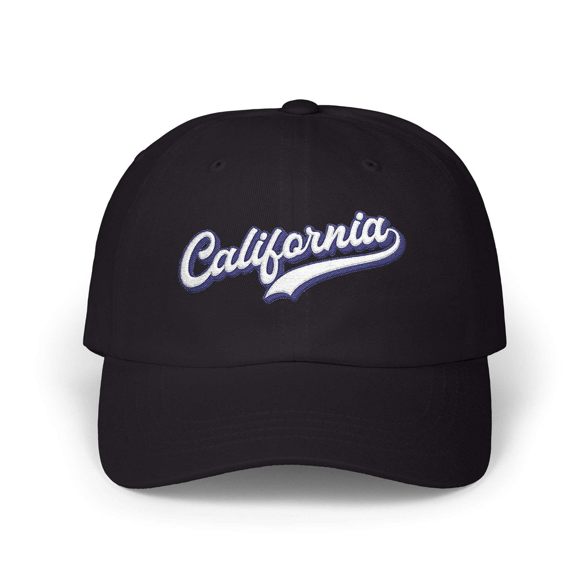 A black baseball cap featuring 'California' embroidered in white script with a blue outline on the front, set against a plain white background. Premium California Typography Embroidered Classic Dad Cap