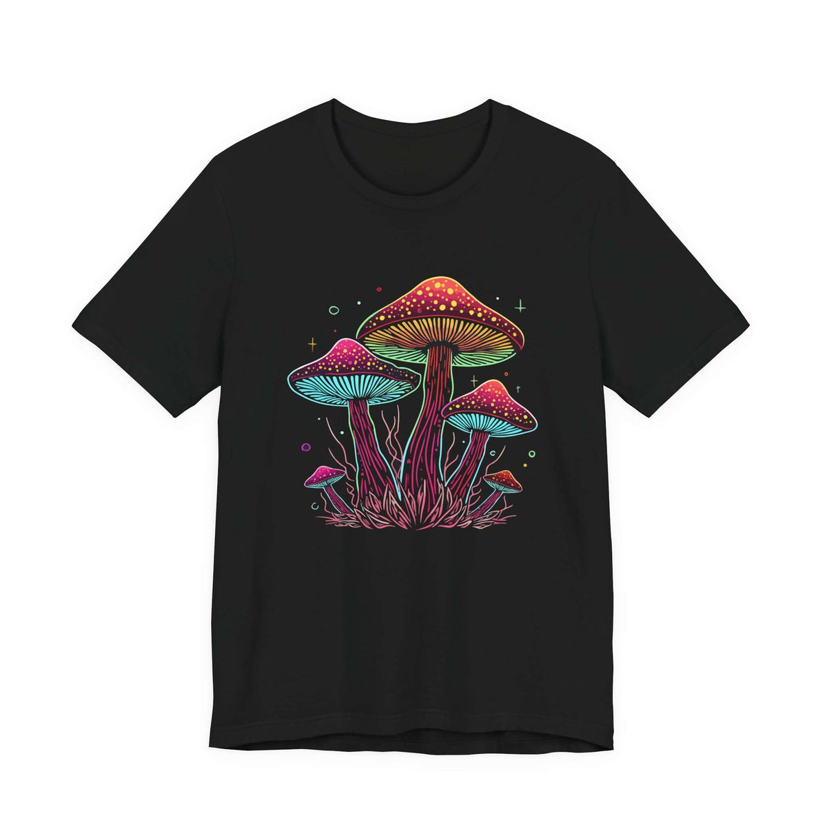 A black short-sleeve crewneck t-shirt featuring a colorful graphic of glowing mushrooms in pink, purple, and green on the chest, displayed against a solid white background. Psychedelic Mushroom Neon Fantasy Fungi T-Shirt Casual Wear