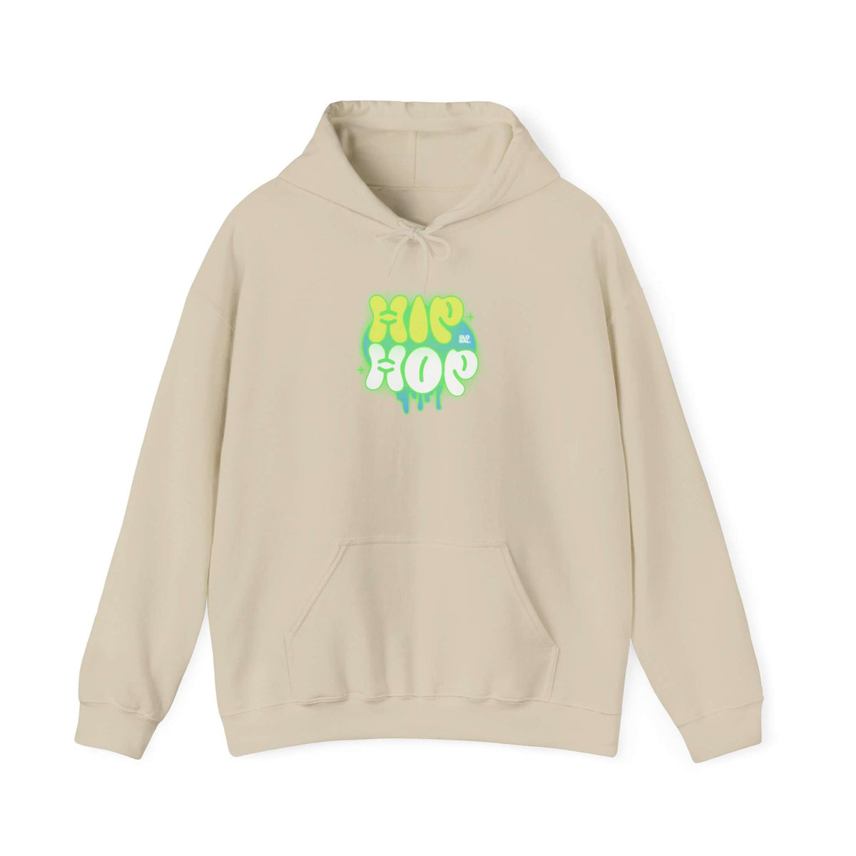 A light beige pullover hoodie with a colorful 'HIP HOP' graphic on the chest, displayed against a solid white background. Retro Bold Graffiti Hip Hop Hoodie for Urban Fashion Lovers