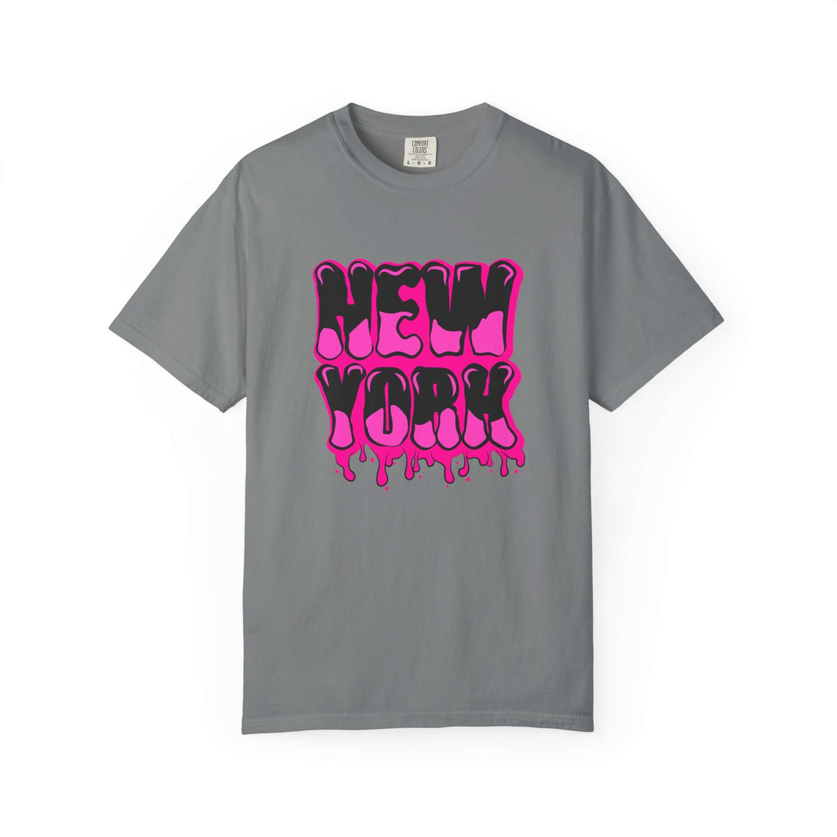 A gray short-sleeve crewneck t-shirt featuring a vibrant pink and black dripping 'NEW YORK' graphic on the chest, displayed against a clean white background. Retro Bold Graffiti Lettering New York Typography T-Shirt for Casual Wear