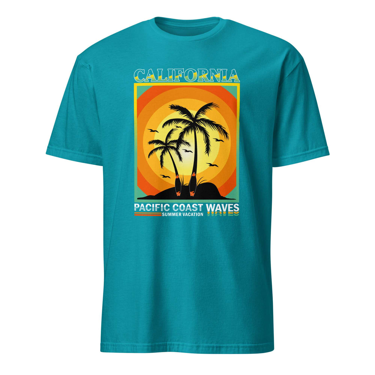 A teal short-sleeve t-shirt with a retro-style graphic print on the front. The graphic features a sunset illustration with two palm trees, surfboards, and the text 'CALIFORNIA PACIFIC COAST WAVES' and 'SAN DIEGO VALLEJO'. Retro California Pacific Coast Waves Sunset T-Shirt Casual Wear