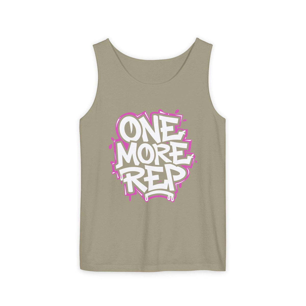 A sleeveless tank top in a muted taupe-beige color, featuring a central graphic print with the text 'ONE MORE REP' in white with a pink graffiti-style outline. Retro Fitness Motivational Graffiti Typography Tank Top Casual Wear