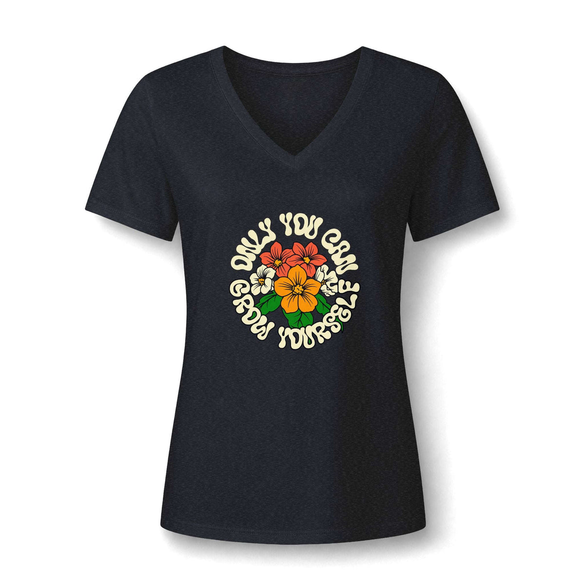 A women's short-sleeve V-neck t-shirt in black, featuring a colorful graphic on the chest with the text 'ONLY YOU CAN GROW YOURSELF' surrounding a cluster of red, orange, yellow, and white flowers with green leaves.