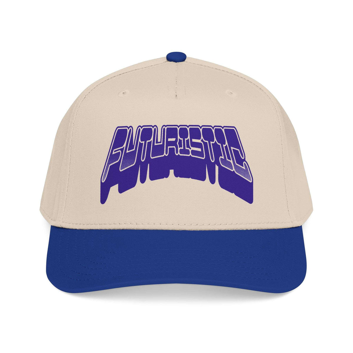 A structured baseball cap with a cream-colored crown and a royal blue visor, featuring the word 'FUTURISTIC' in a stylized purple and white font across the front. Retro Futuristic Y2k Streetwear Typography Baseball Cap