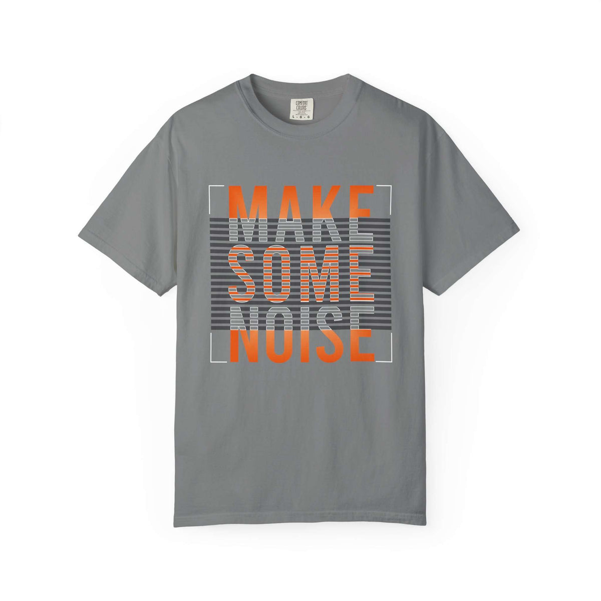 A gray short-sleeve crewneck t-shirt featuring a graphic print on the front with the text 'MAKE SOME NOISE' in orange and white over a gray striped background, displayed on a clean white background. Retro Make Some Noise Slogan Typography Graphic T-Shirt for Casual Wear
