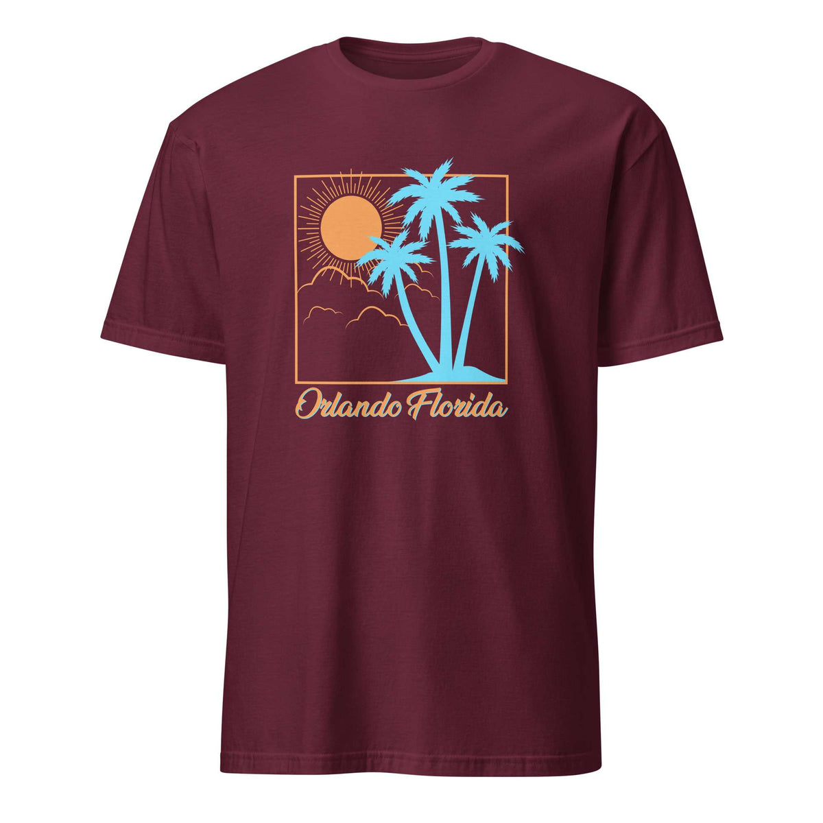 A maroon short-sleeve crewneck t-shirt featuring a retro-style graphic of palm trees, a sun, and the text 'Orlando Florida' on the front, displayed against a solid white background. Retro Orlando Florida Summer Sun Beach Graphic T-Shirt Casual Wear