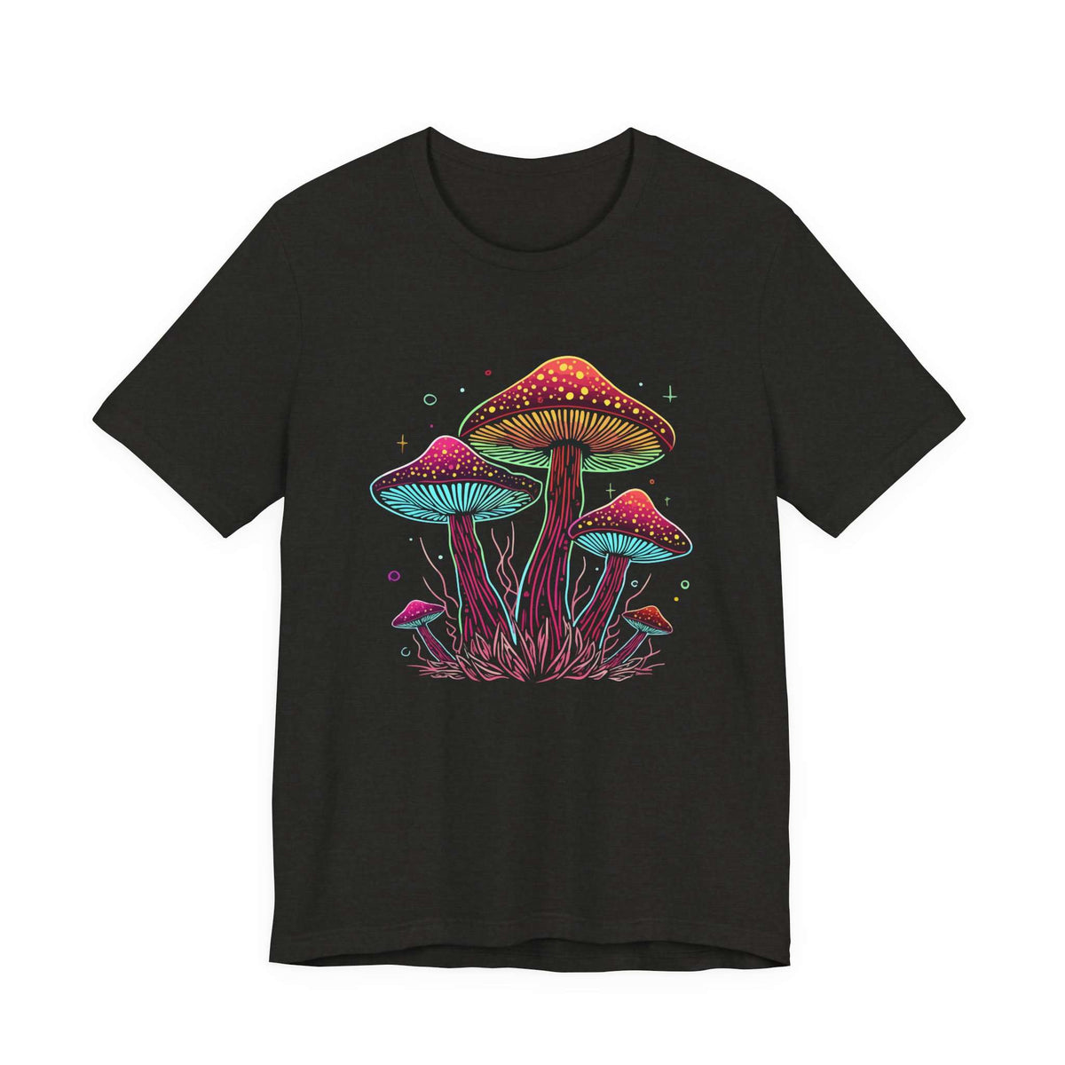 A black short-sleeve crewneck t-shirt featuring a colorful graphic of glowing mushrooms in pink, purple, and green on the front, displayed against a solid white background. Retro Psychedelic Mushroom Neon Fantasy Fungi T-Shirt Casual Wear