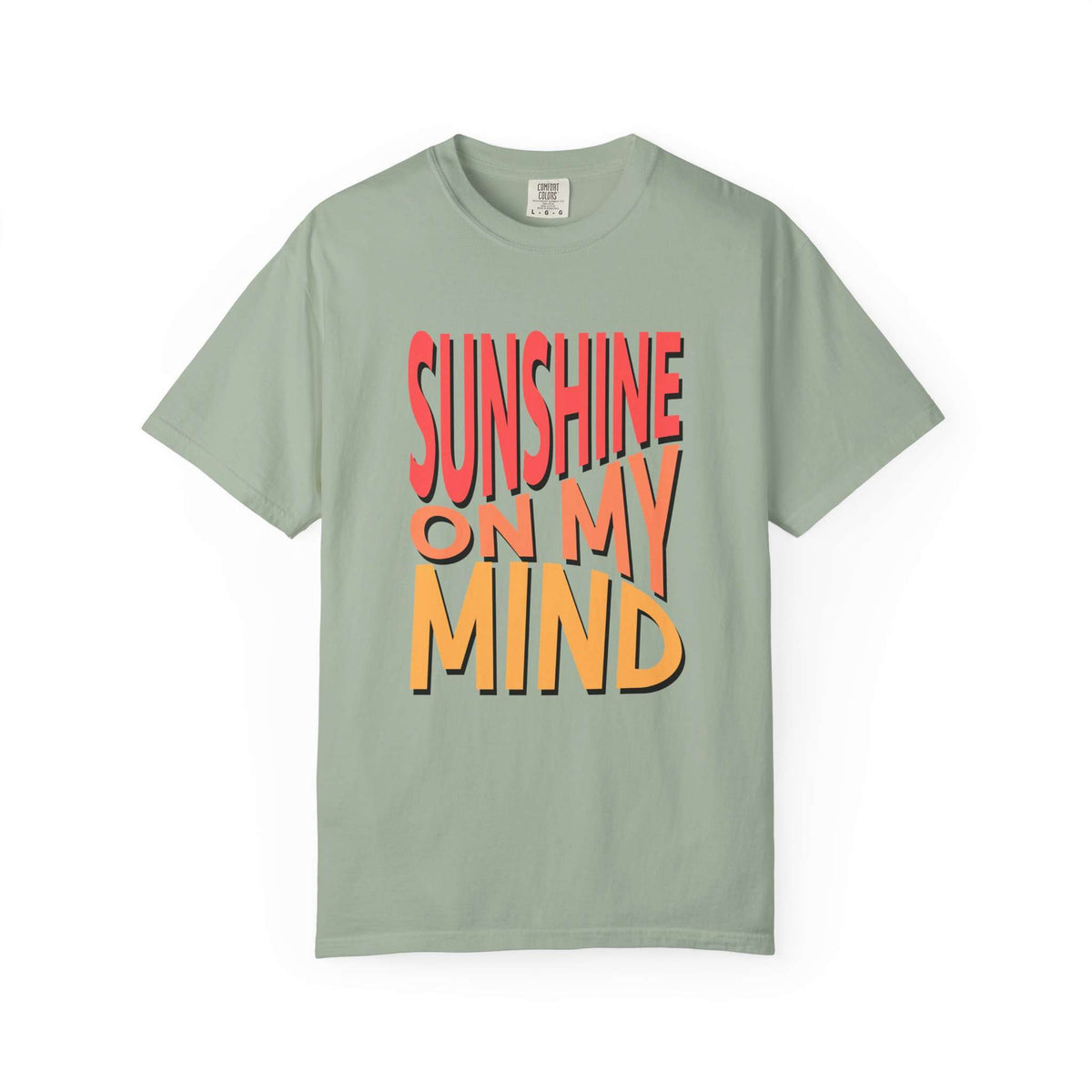 A sage green short-sleeve t-shirt with a retro-style graphic text print reading 'SUNSHINE ON MY MIND' in red and orange-yellow block letters, displayed on a clean white background. Retro Sunshine On My Mind Summer Vibes Graphic T-Shirt Casual Wear