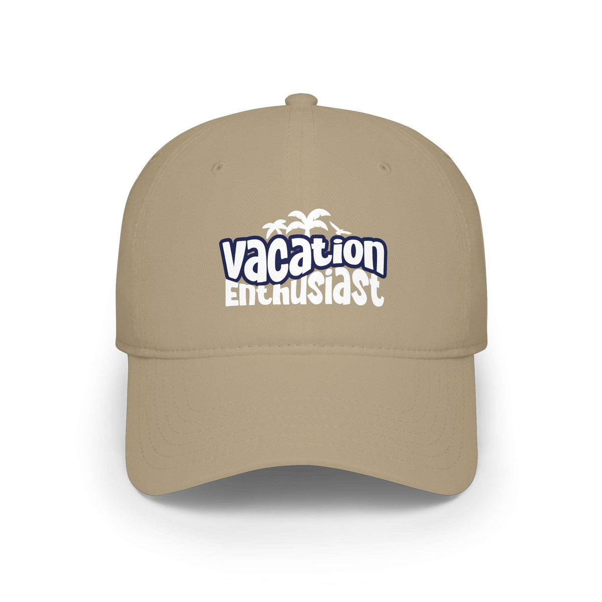 A beige baseball cap with a curved brim, featuring a 'Vacation Enthusiast' graphic printed on the front in blue and white, set against a plain white background.