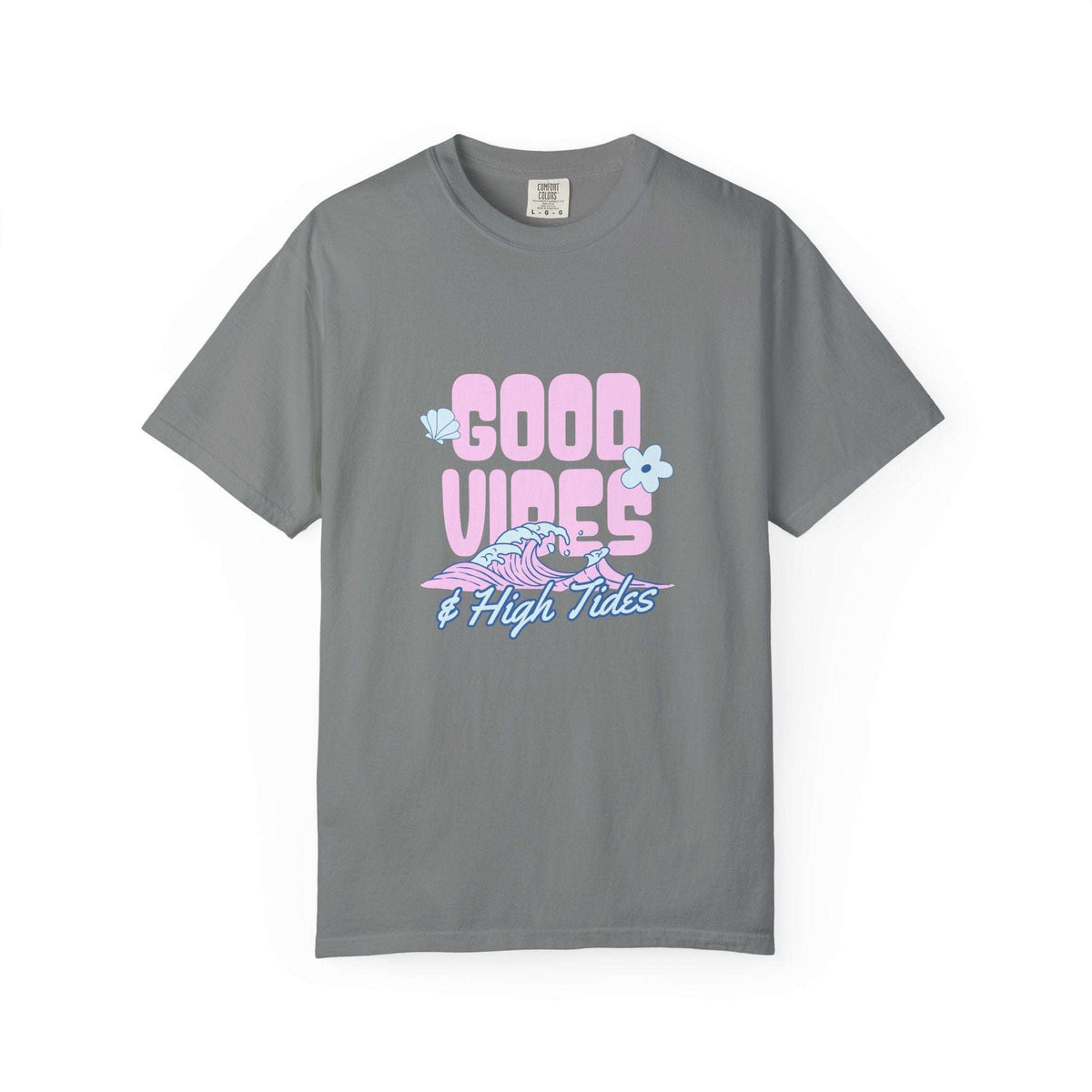 A gray short-sleeve crewneck t-shirt featuring a retro-style graphic on the chest that reads 'GOOD VIBES & High Tides' in pink and blue, accompanied by a pink and blue wave illustration and small light blue flowers.