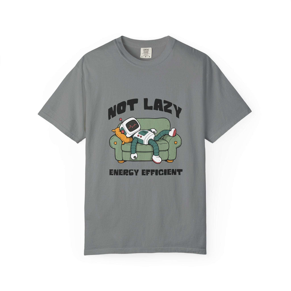 A gray short-sleeve crewneck t-shirt featuring a cartoon graphic of a person relaxing on a green couch with a retro computer, with the text 'NOT LAZY ENERGY EFFICIENT' printed in black.