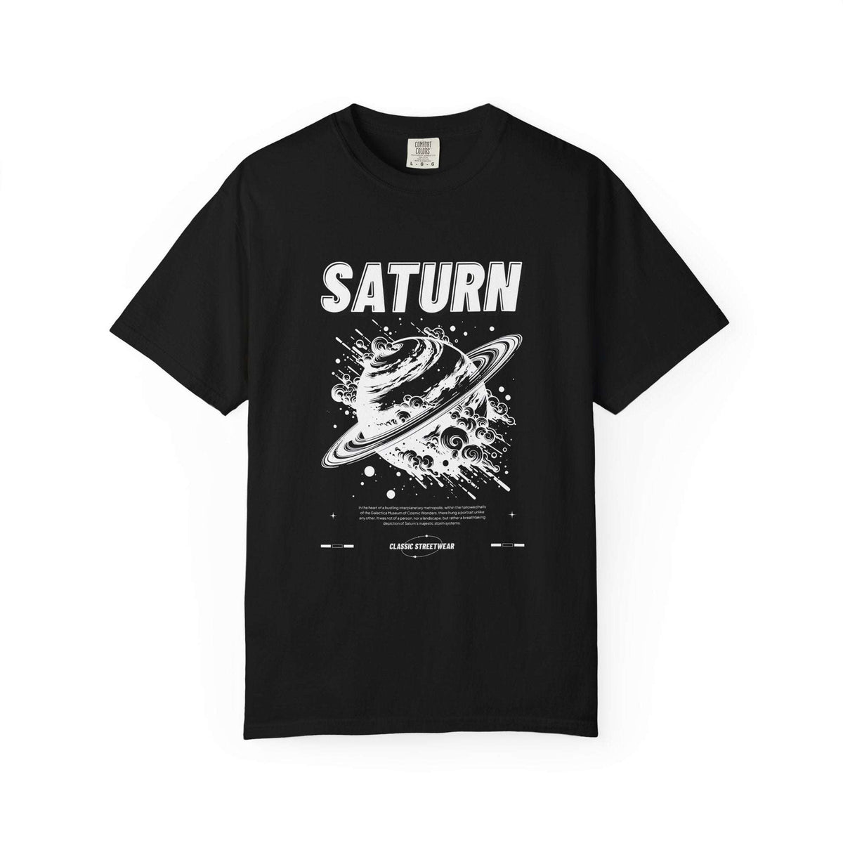 A black short-sleeve crewneck t-shirt featuring a white graphic print of Saturn with its rings and the word 'SATURN' printed above it, displayed on a clean white background.