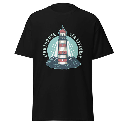 A black short-sleeve crewneck t-shirt featuring a central graphic of a red and white striped lighthouse on a teal circular background with the text 'LIGHTHOUSE SEA EXPLORER'. Shop Marine Lighthouse at Mountain Nautical Sea T-Shirt Casual Wear