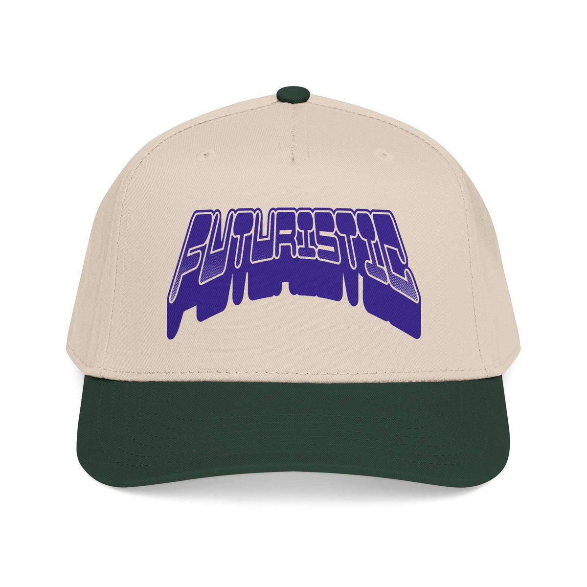 A structured baseball cap with a cream-colored crown and a dark forest green visor, featuring a stylized purple and white 'FUTURISTIC' graphic on the front. Simple Futuristic Y2k Streetwear Typography Baseball Cap