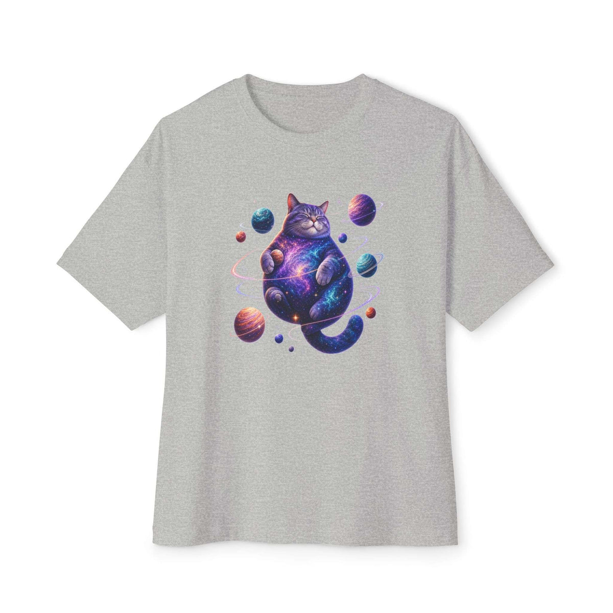 A heather gray short-sleeve crewneck t-shirt featuring a colorful graphic of a cosmic purple cat surrounded by planets, displayed on a clean white background. Stellar Kitty Funny Cosmic Cat Unisex Oversized Boxy T-Shirt Casual Wear