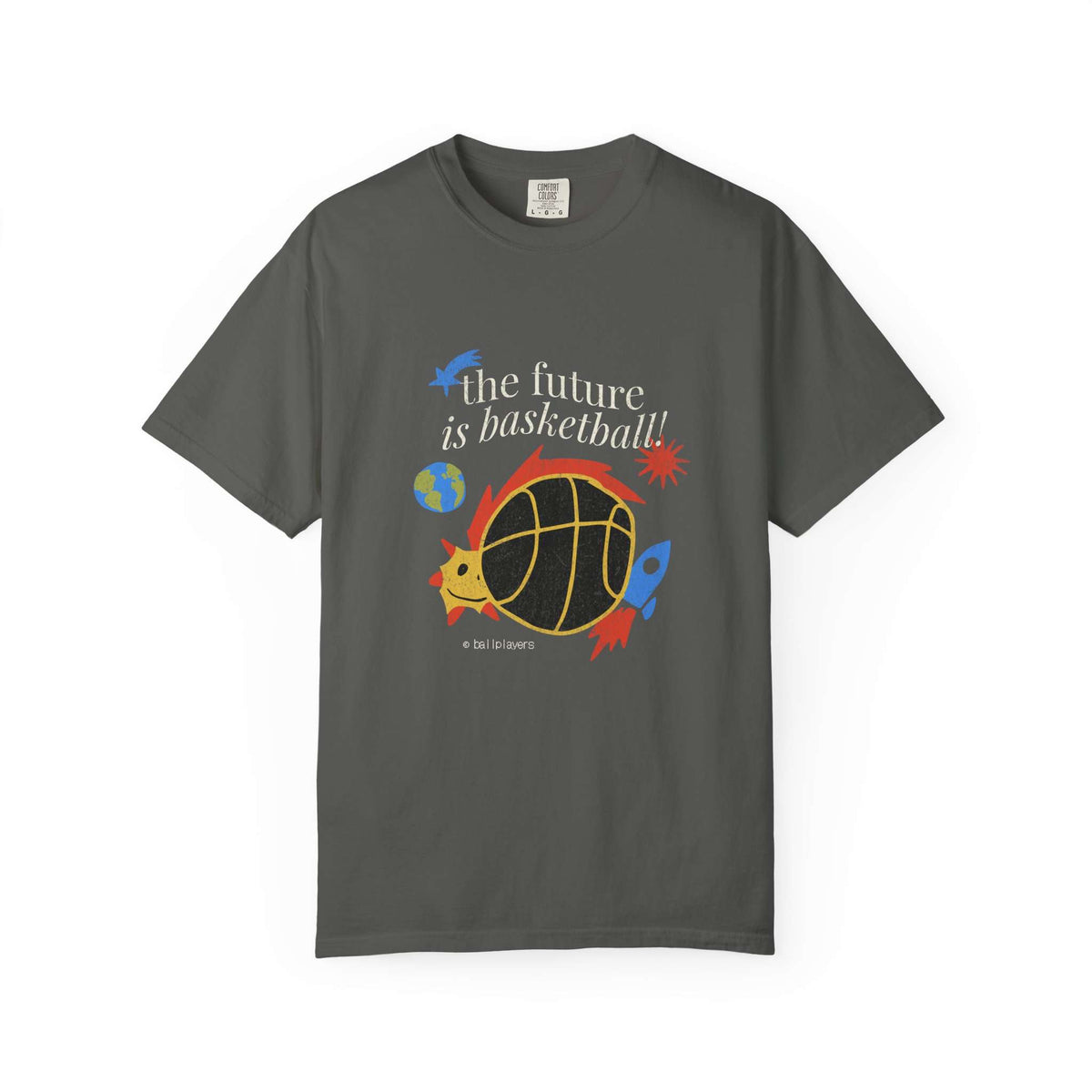 A dark gray crewneck t-shirt featuring a colorful graphic of a basketball turtle with the text 'the future is basketball!' in white, accompanied by blue and red rockets and stars. Stylish Basketball Space T-Shirt for Everyday Outfits