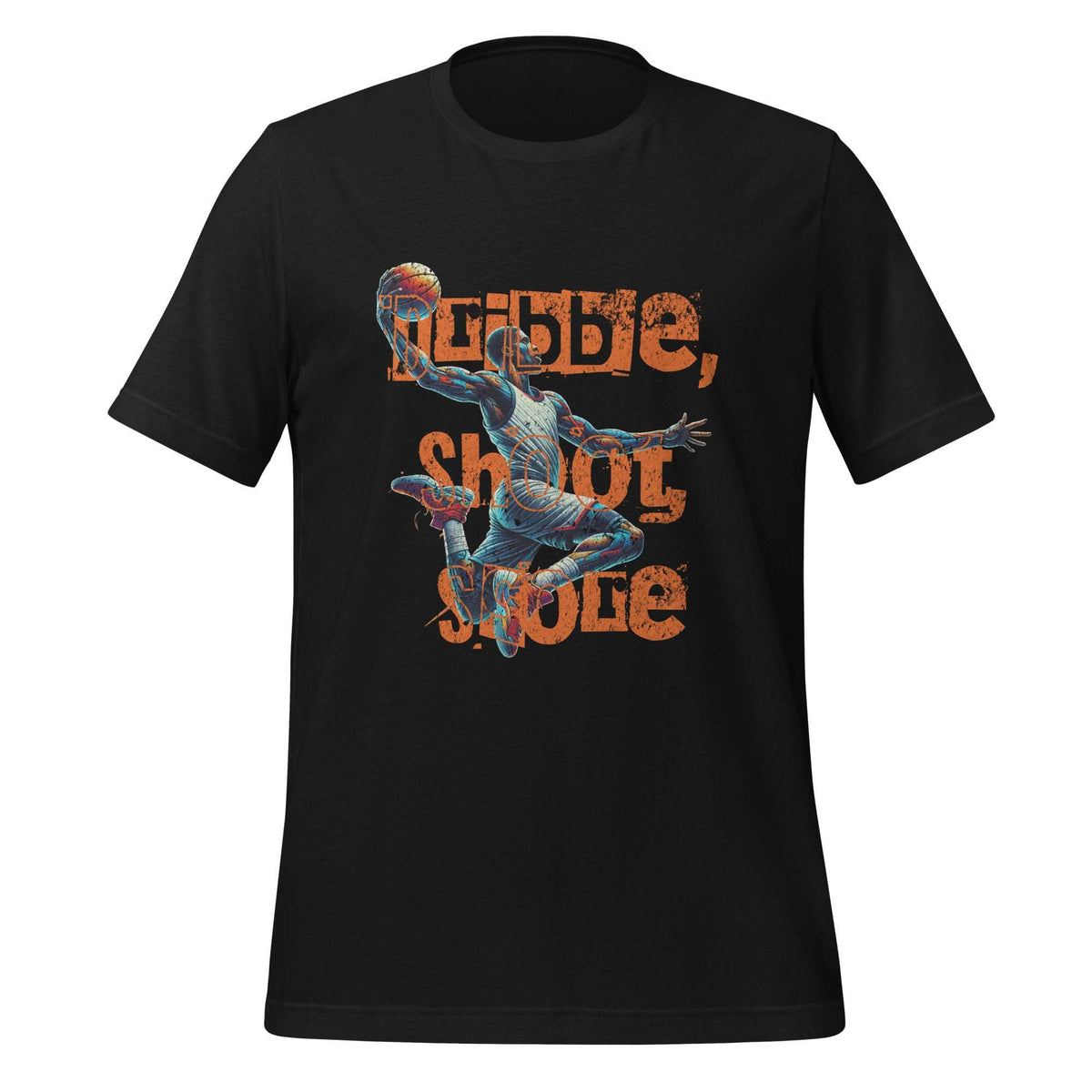 A black short-sleeve crewneck t-shirt featuring a distressed orange graphic text that reads 'REFILL, shoot, score' with a blue and orange basketball player illustration in the center, shown against a plain white background. Stylish Basketball T-Shirt for Sports Enthusiasts
