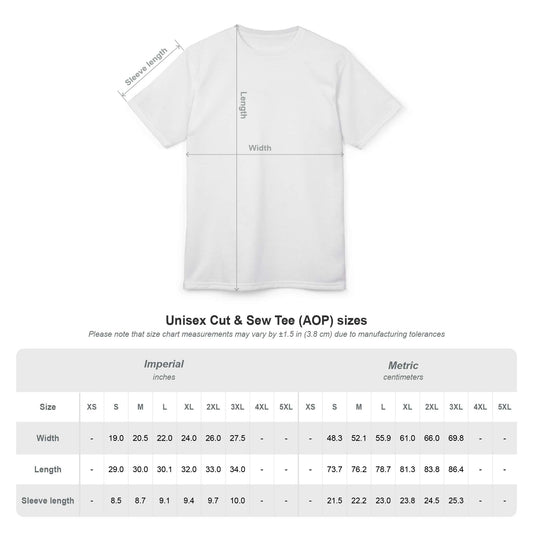 White t-shirt with measurements and size chart on a white background Stylish Bold Black Leopard Print T-Shirt for Casual Wear