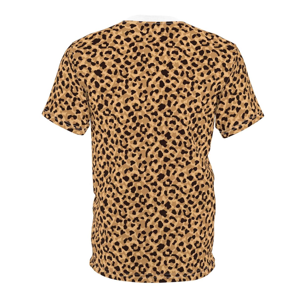 A short-sleeve crewneck t-shirt featuring an all-over leopard print pattern in tan and brown with black spots, shown against a plain white background. Stylish Bold Brown Leopard Print T-Shirt for Casual Wear