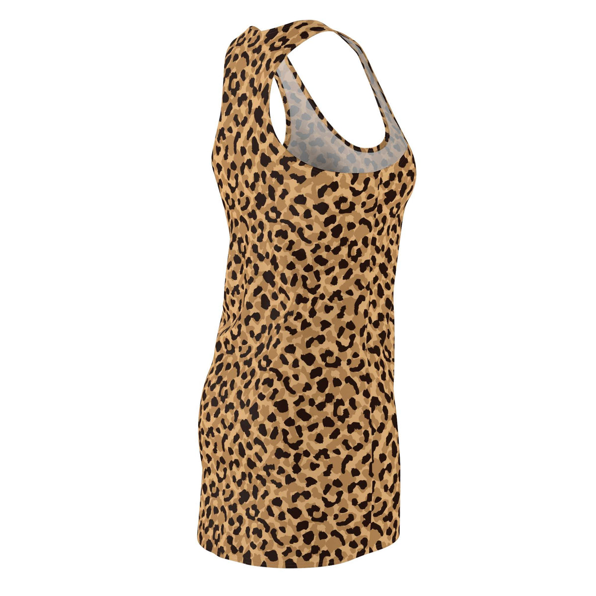 A sleeveless racerback tank top with an all-over leopard print pattern in tan, brown, and black, shown on a plain white background. Stylish Bold Brown Leopard Print Women's Racerback Dress Casual Wear