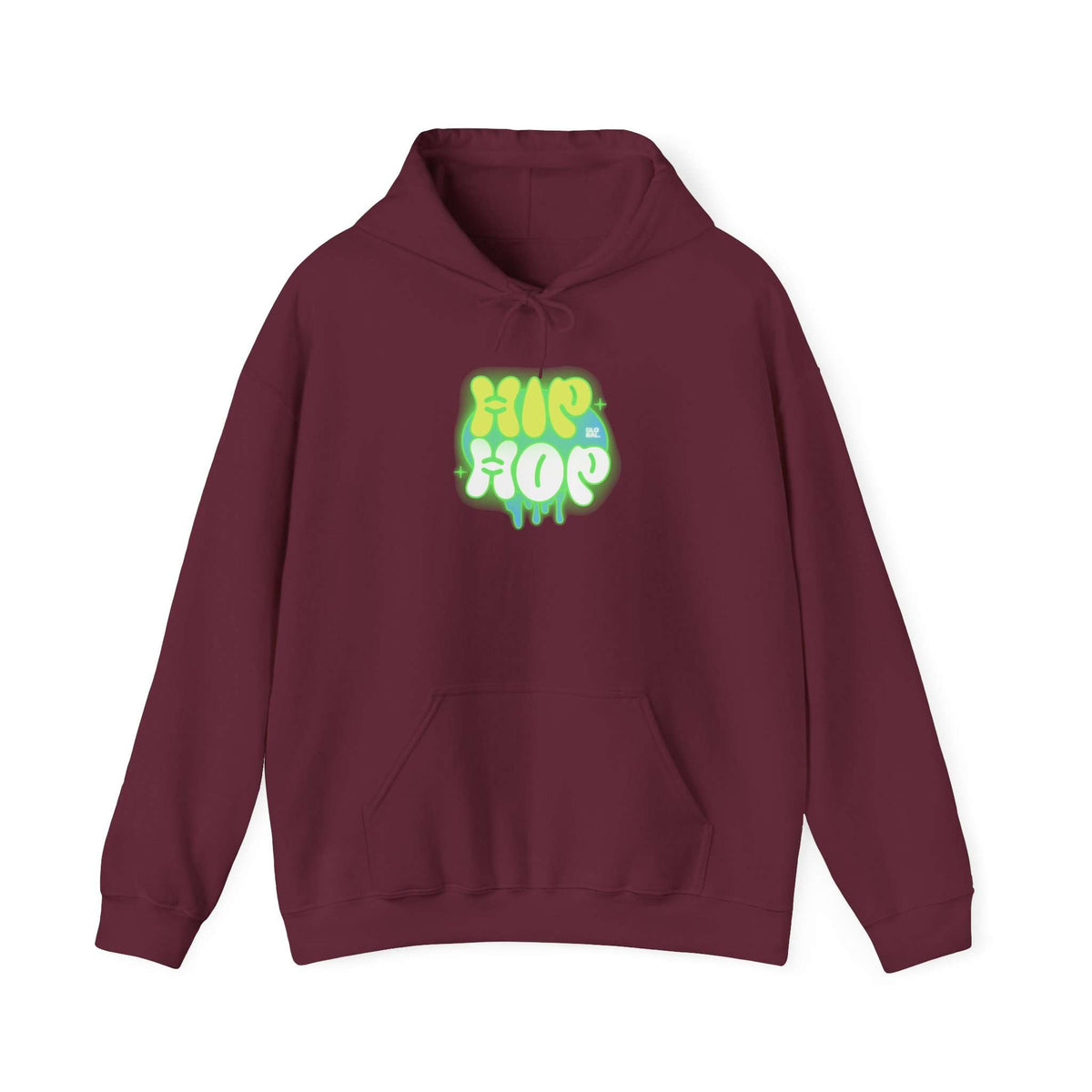 A maroon pullover hoodie with a green and yellow 'HIP HOP' graphic on the chest, displayed against a plain white background. Stylish Bold Graffiti Hip Hop Hoodie for Urban Fashion Lovers