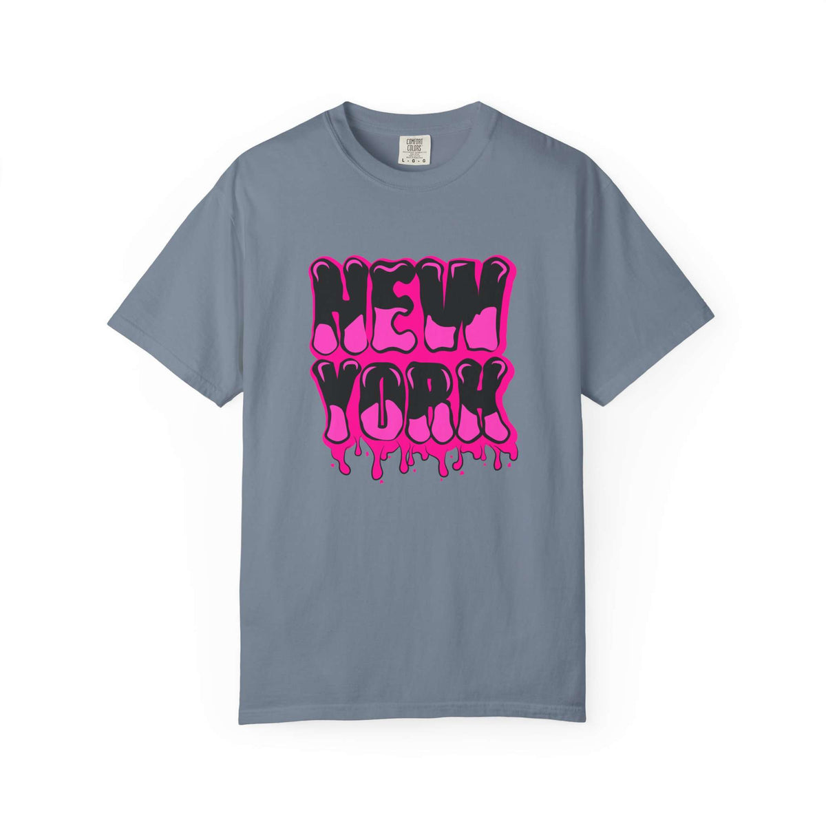 A slate blue crewneck t-shirt featuring a vibrant pink and black dripping 'NEW YORK' graphic on the chest, displayed against a clean white background. Stylish Bold Graffiti Lettering New York Typography T-Shirt for Casual Wear