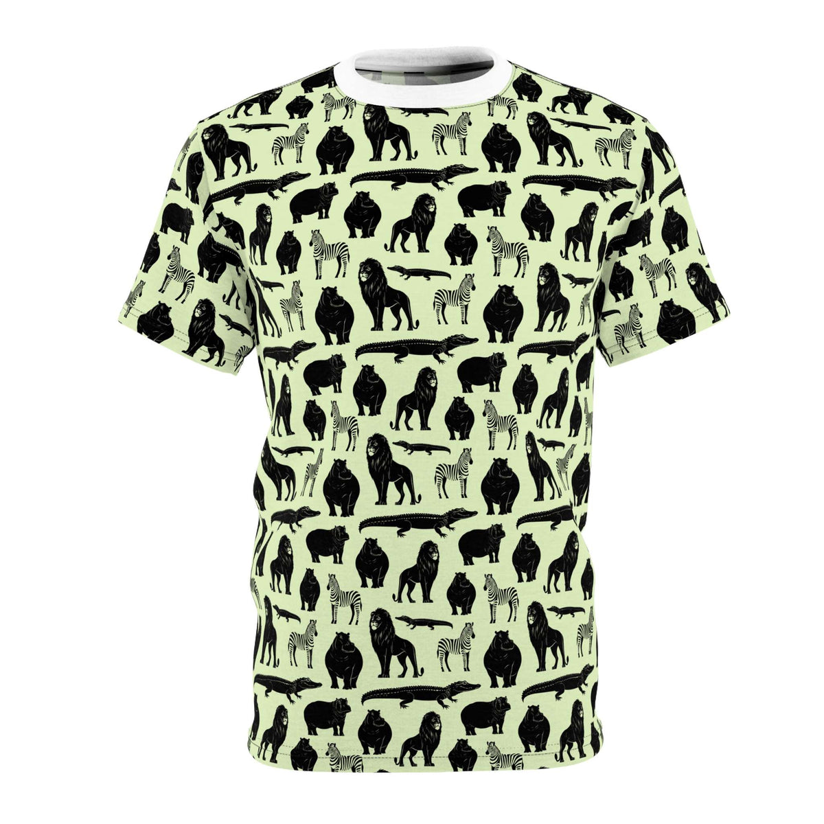 A short-sleeve crewneck t-shirt featuring an all-over repeating pattern of black animal silhouettes, including lions, zebras, giraffes, and crocodiles, on a pale mint green background. Stylish Bold Jungle Safari Animal Pattern T-Shirt for Casual Wear