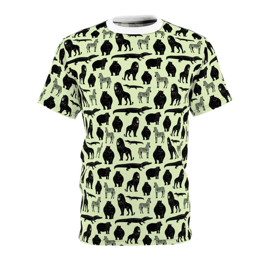 A short-sleeve crewneck t-shirt featuring an all-over repeating pattern of black animal silhouettes, including lions, zebras, giraffes, and crocodiles, on a pale mint green background. Stylish Bold Jungle Safari Animal Pattern T-Shirt for Casual Wear