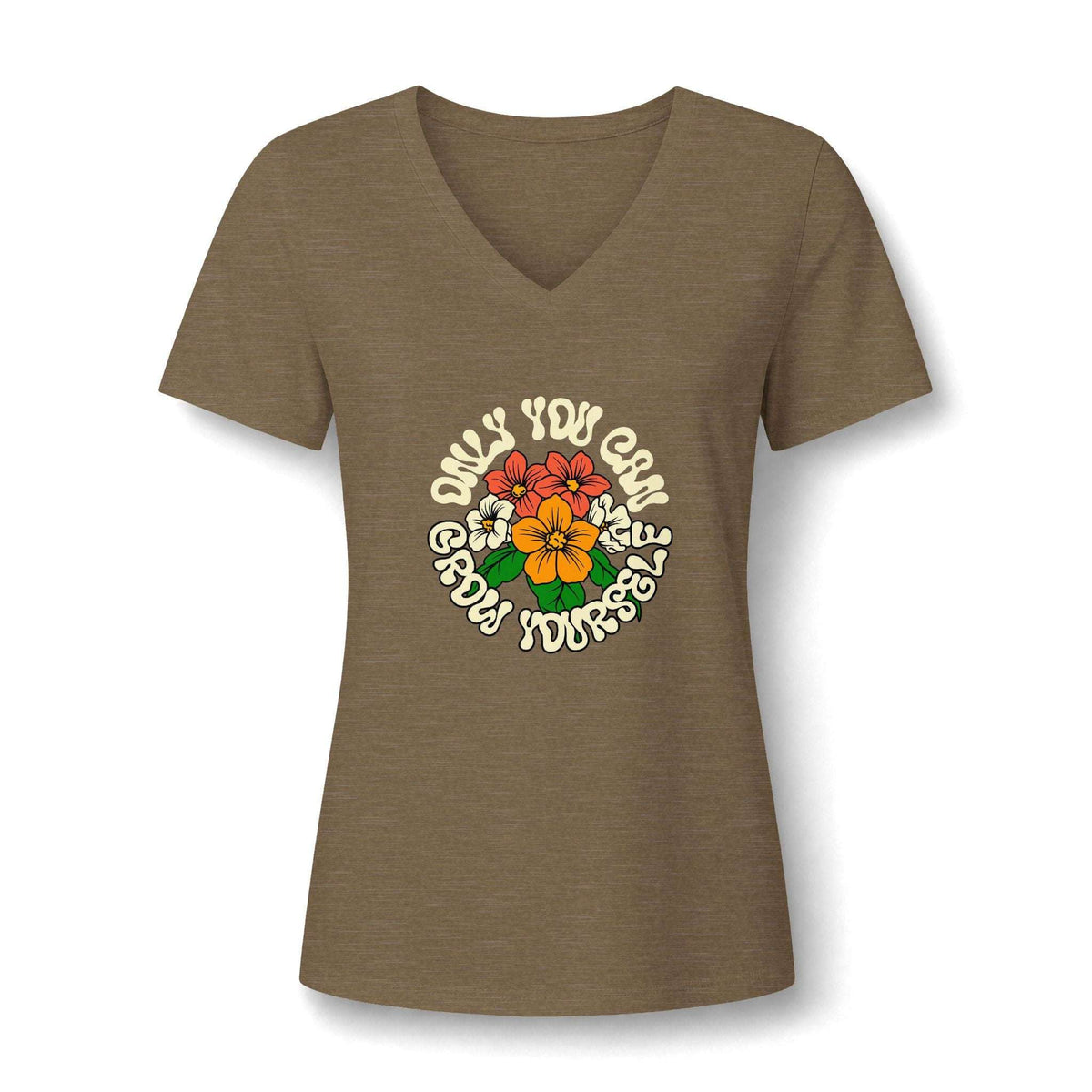 A women's heather brown V-neck t-shirt featuring a retro-style graphic on the chest with a colorful flower illustration and the text 'ONLY YOU CAN GROW YOURSELF'.