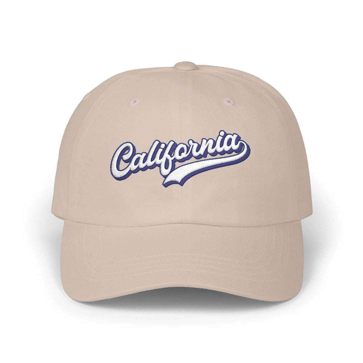A beige baseball cap with 'California' embroidered in white and blue script across the front, shown on a clean white background. Stylish California Typography Embroidered Classic Dad Cap