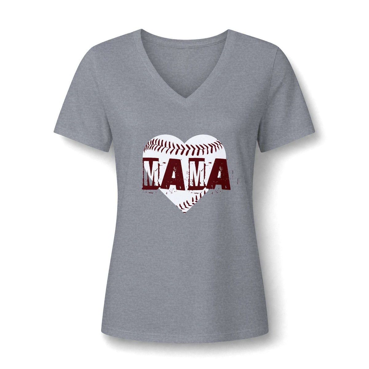 A women's heather gray V-neck t-shirt featuring a baseball-themed graphic on the chest. The graphic shows a heart shape formed by a baseball and the word 'MAMA' in distressed dark red letters.