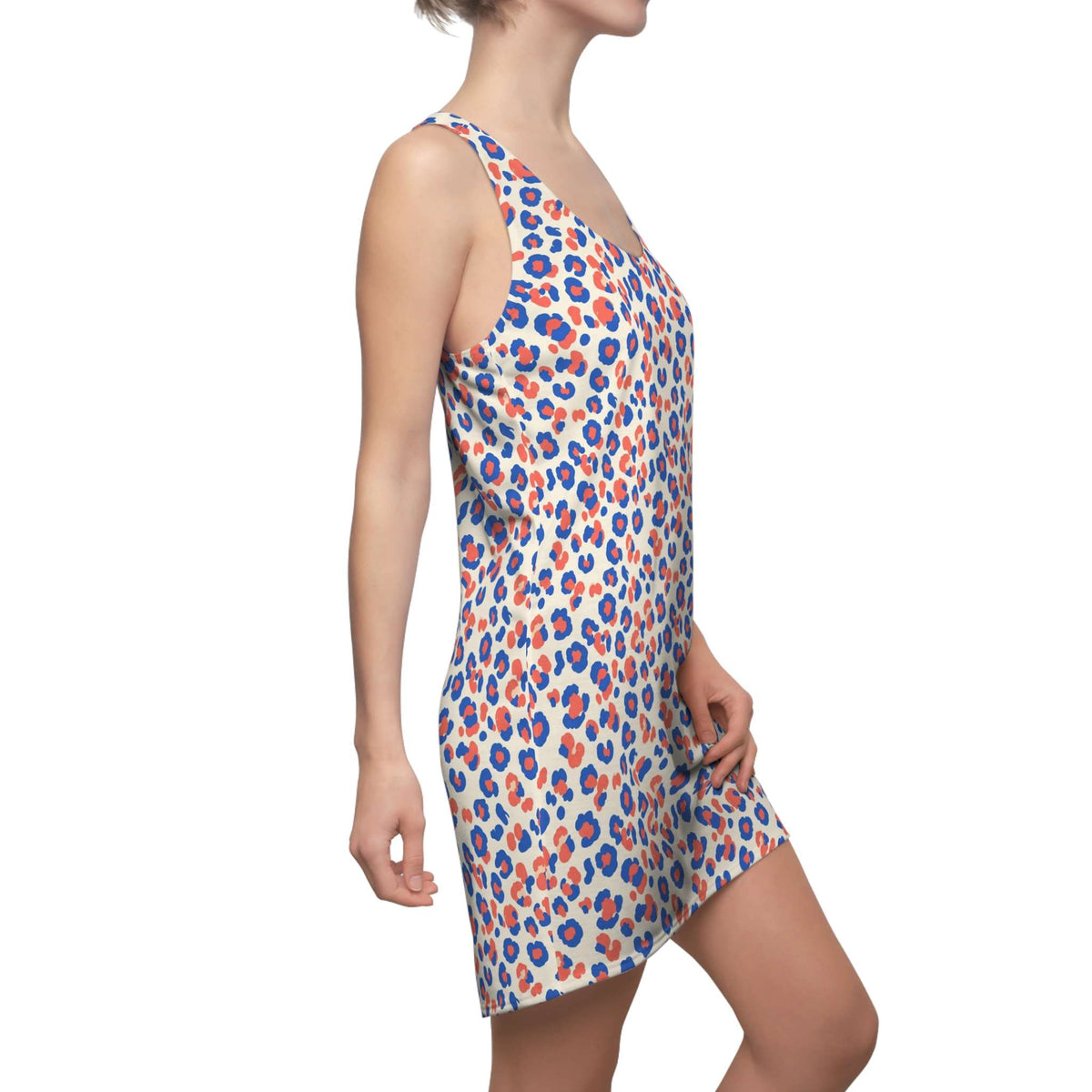 A woman modeling a sleeveless V-neck mini dress with a blue and orange leopard print on a white background, shown from a side profile against a plain white studio backdrop. Stylish Comfortable Colorful Leopard Print Women's Racerback Dress