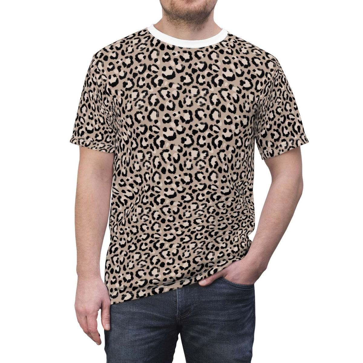 A man wearing a short-sleeve crewneck t-shirt with a beige and black leopard print pattern, paired with dark blue jeans, shown against a plain white background. Stylish Comfortable Leopard Print T-Shirt for Casual Wear