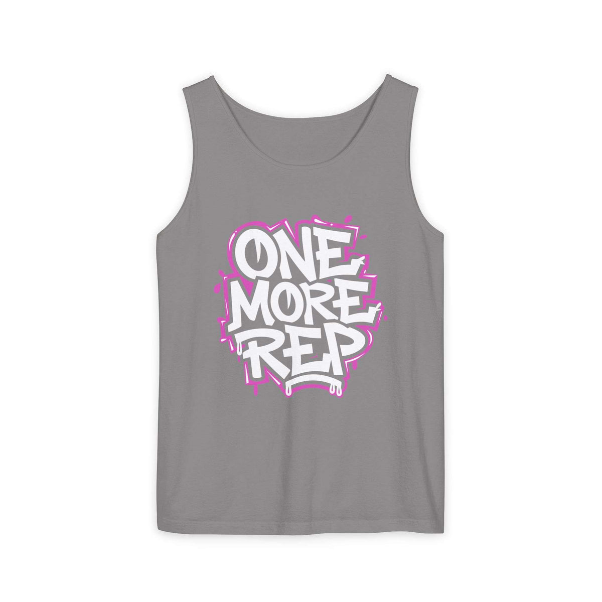 A gray sleeveless tank top with a graphic on the chest that reads 'ONE MORE REP' in white bubble letters with a pink spray-paint outline, shown on a plain white background. Stylish Fitness Motivational Graffiti Typography Tank Top Casual Wear