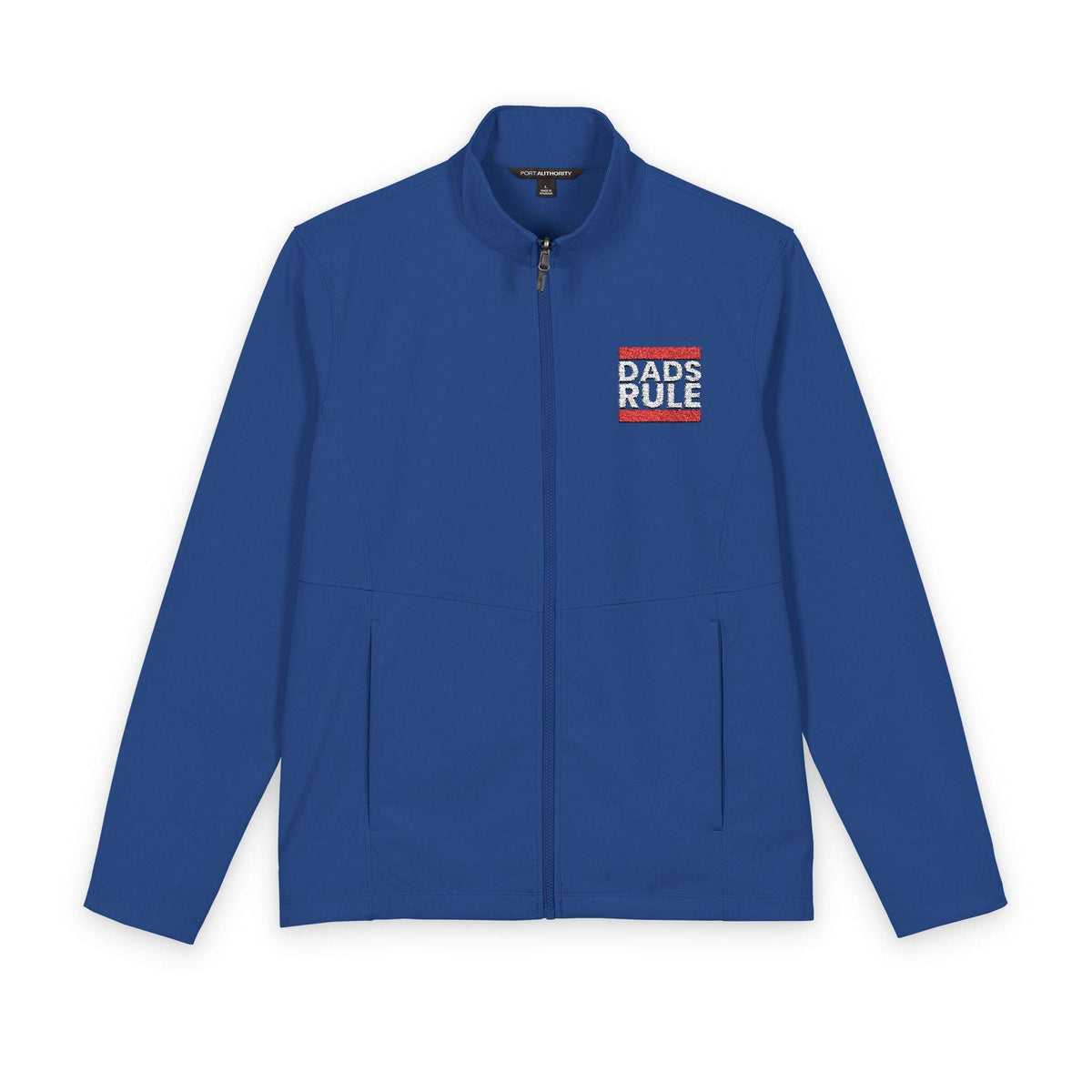 A royal blue zip-up jacket with a stand collar, featuring a small 'DADS RULE' graphic on the left chest. The jacket has long sleeves, a front zipper, and two front pockets, shown against a plain white background.