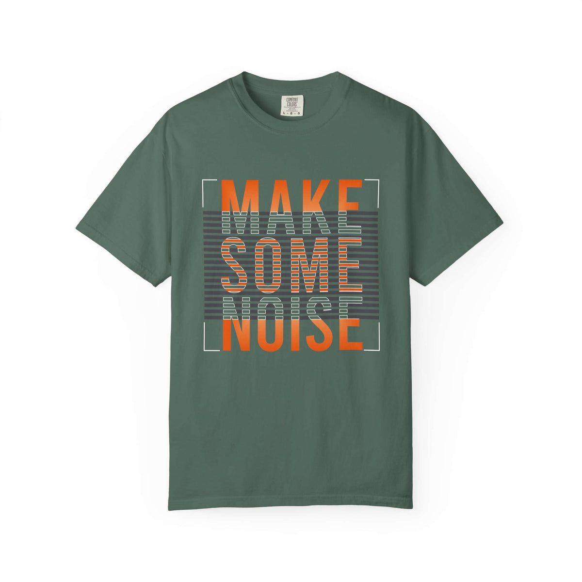 A dark green crewneck t-shirt featuring a graphic print on the front with the text 'MAKE SOME NOISE' in orange and white, set against a striped gray background. Stylish Make Some Noise Slogan Typography Graphic T-Shirt for Casual Wear