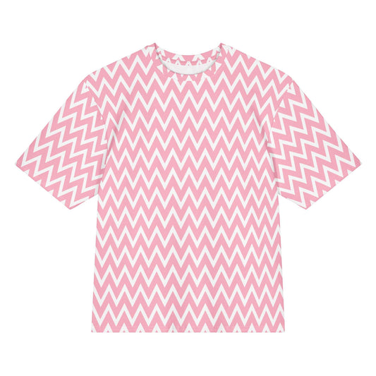 Stylish Oversized Cotton T-Shirt with Pink Chevron Zig Zag Print