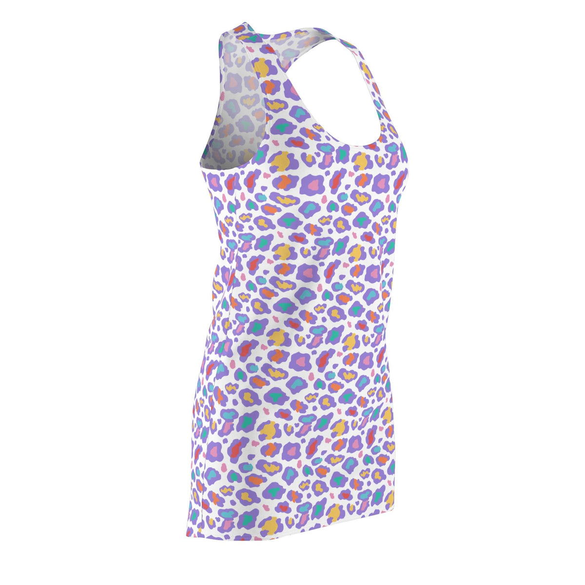 A sleeveless racerback tank top with a colorful leopard print pattern on a white background, shown from a three-quarters angle. Stylish Pastel Bold Rainbow Leopard Print Women's Racerback Dress for Casual Wear