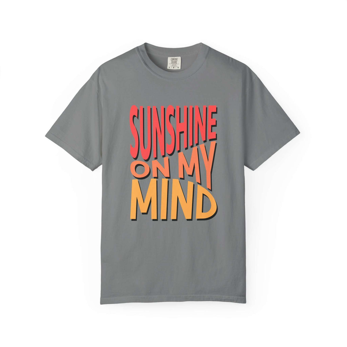 A gray short-sleeve t-shirt with a retro-style graphic text print reading 'SUNSHINE ON MY MIND' in red and orange-yellow gradient letters, displayed on a clean white background. Stylish Sunshine On My Mind Summer Vibes Graphic T-Shirt Casual Wear