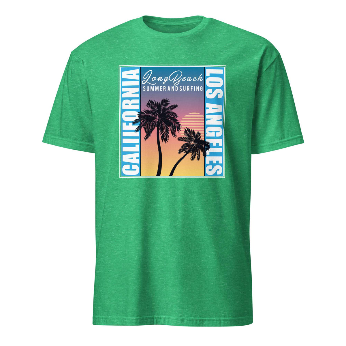 A green heather short-sleeve t-shirt with a retro-style graphic on the chest featuring palm trees, a sunset gradient, and the text 'Long Beach Summer and Surfing' and 'Los Angeles'. Sunset Palm Trees T-Shirt for Everyday Casual Style