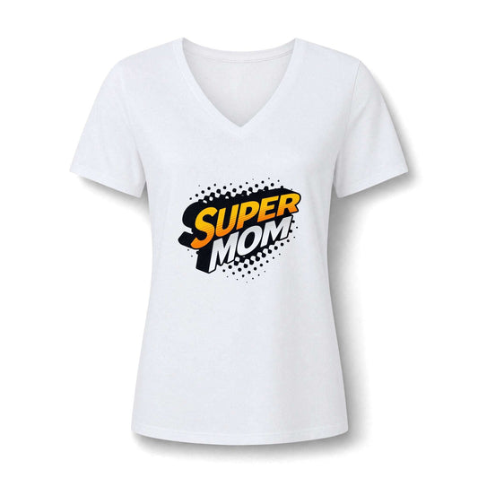 A white women's short-sleeve V-neck T-shirt with a 'SUPER MOM' graphic printed on the chest in a comic-style speech-bubble design.