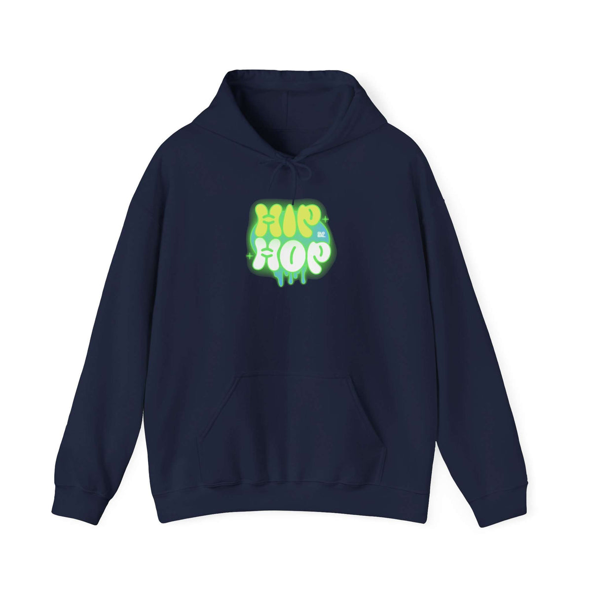 A navy blue pullover hoodie with a green and yellow 'HIP HOP' graphic printed on the chest, displayed against a solid white background. Top Rated Bold Graffiti Hip Hop Hoodie for Urban Fashion Lovers