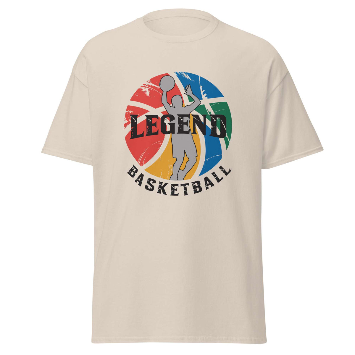 A beige short-sleeve t-shirt with a colorful graphic on the chest featuring a stylized basketball player and the text 'LEGEND BASKETBALL' over a multicolored basketball design. Top Rated Comfortable Legend Basketball Graphic T-Shirt Casual Outfits