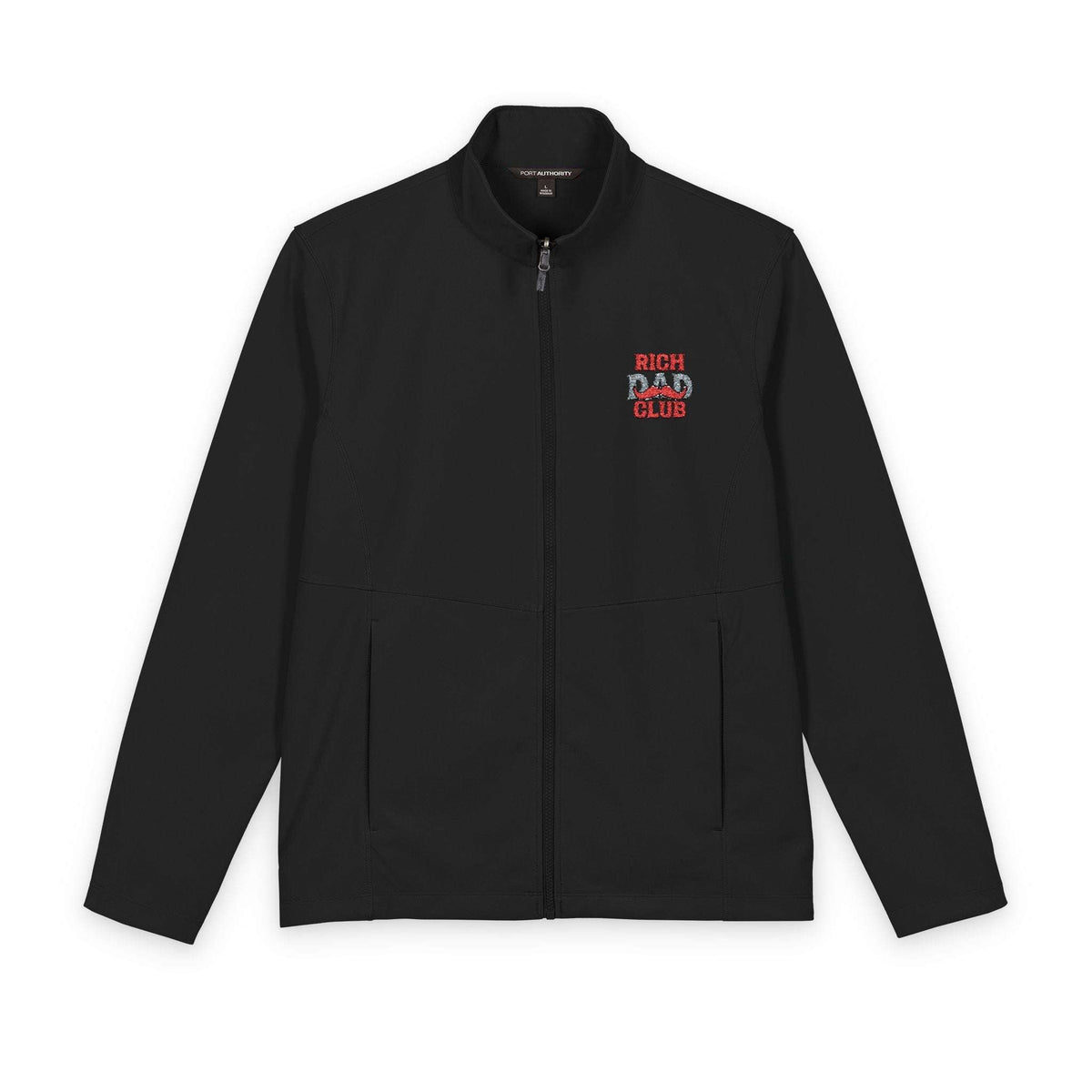 A black zip-up jacket with a stand collar, featuring a small embroidered 'RICH DAD CLUB' logo on the left chest in red and white, displayed on a clean white background.