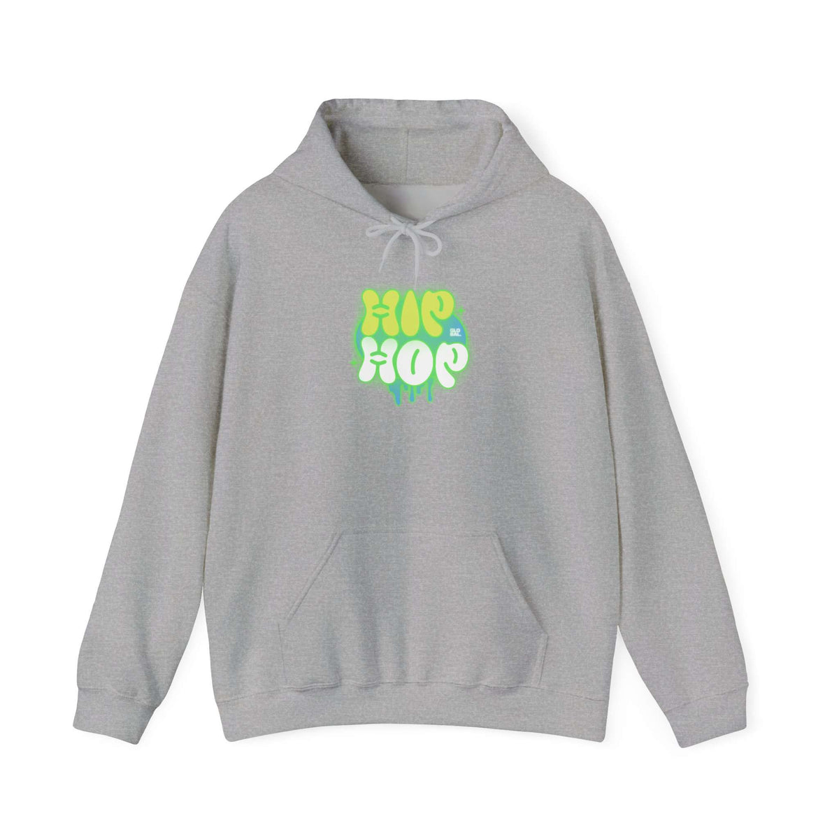 A light gray heather pullover hoodie with a colorful 'HIP HOP' graphic on the chest, featuring a drawstring hood and kangaroo pocket, displayed on a clean white background. Trendy Bold Graffiti Hip Hop Hoodie for Urban Fashion Lovers